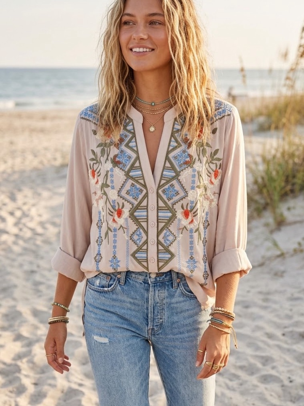 Solitaire Boho Beige Floral Embroidered V-Neck Tunic Cottagecore Medium